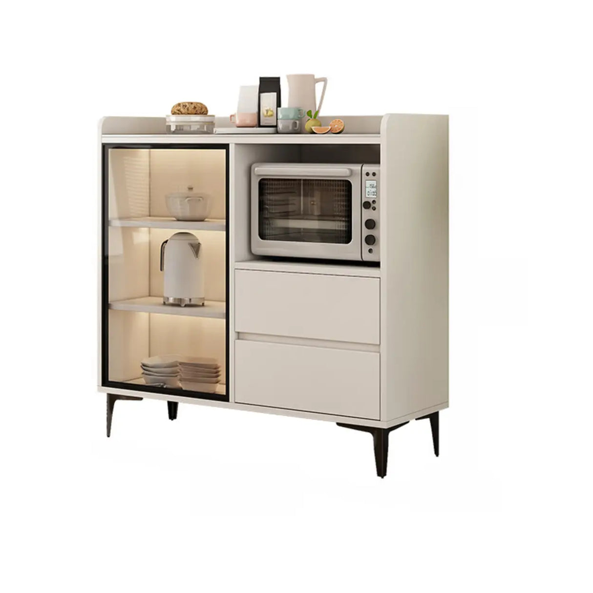 Faux Stone Top White Slab Open Storage Buffet with Drawers Image - 2