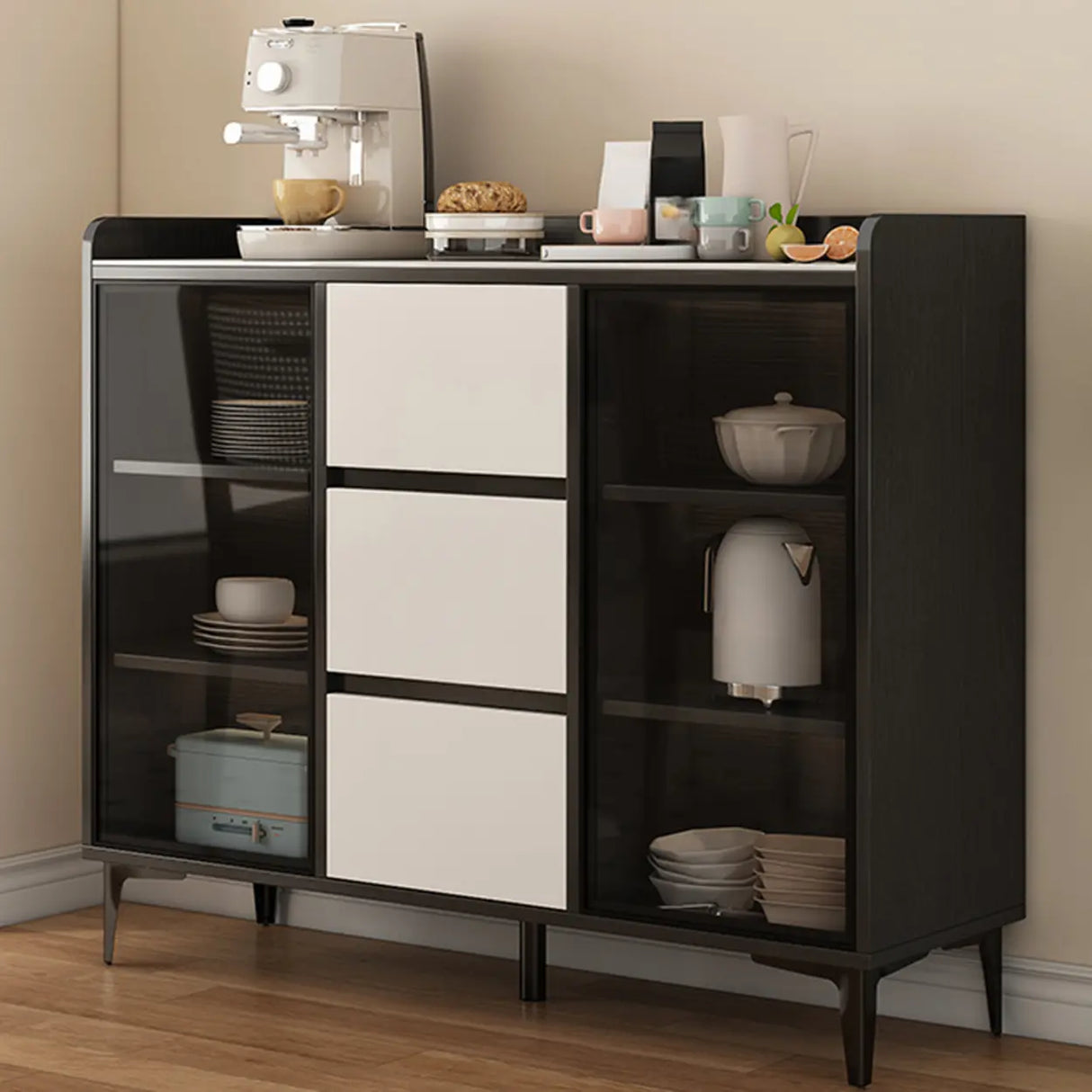 Faux Stone Top White Slab Open Storage Buffet with Drawers Image - 20