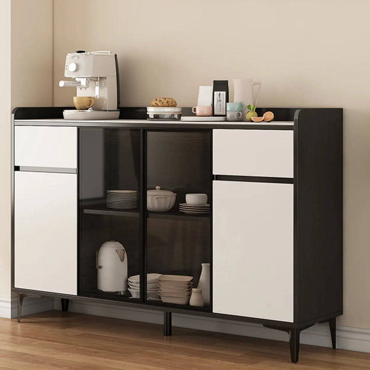 Faux Stone Top White Slab Open Storage Buffet with Drawers Image - 21