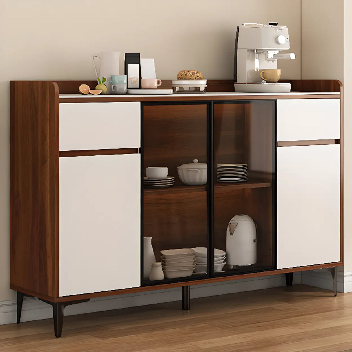 Faux Stone Top White Slab Open Storage Buffet with Drawers Image - 3