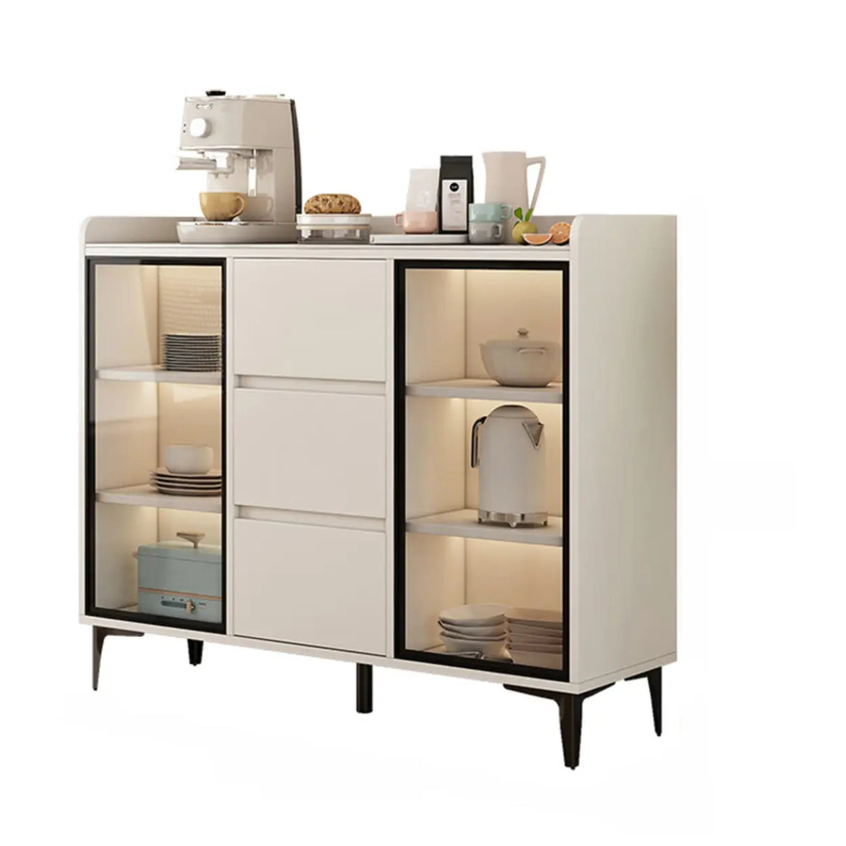 Faux Stone Top White Slab Open Storage Buffet with Drawers Image - 4