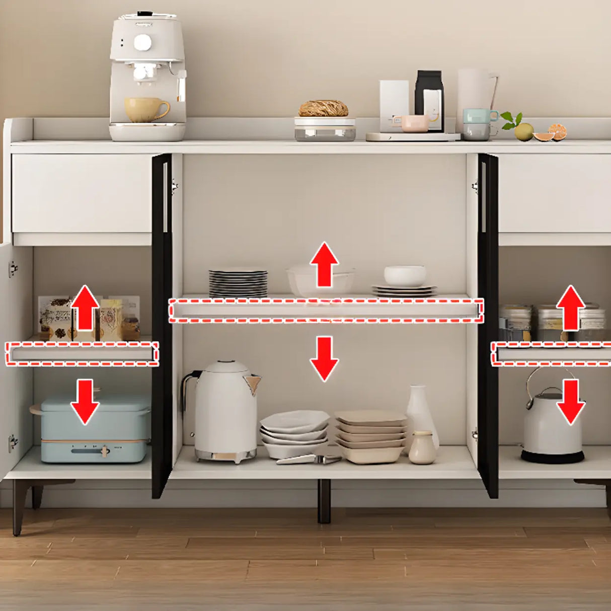 Faux Stone Top White Slab Open Storage Buffet with Drawers Image - 5