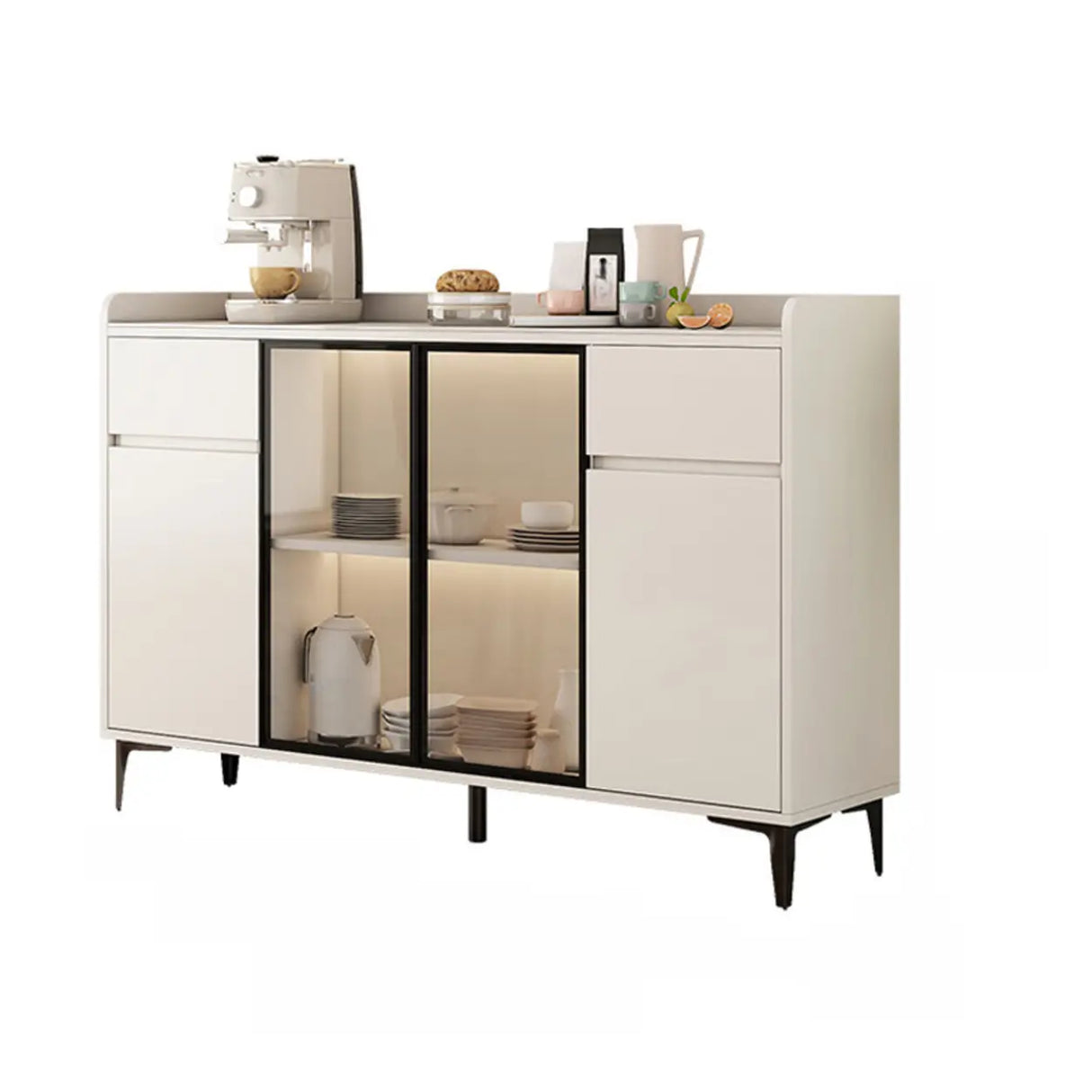 Faux Stone Top White Slab Open Storage Buffet with Drawers Image - 6