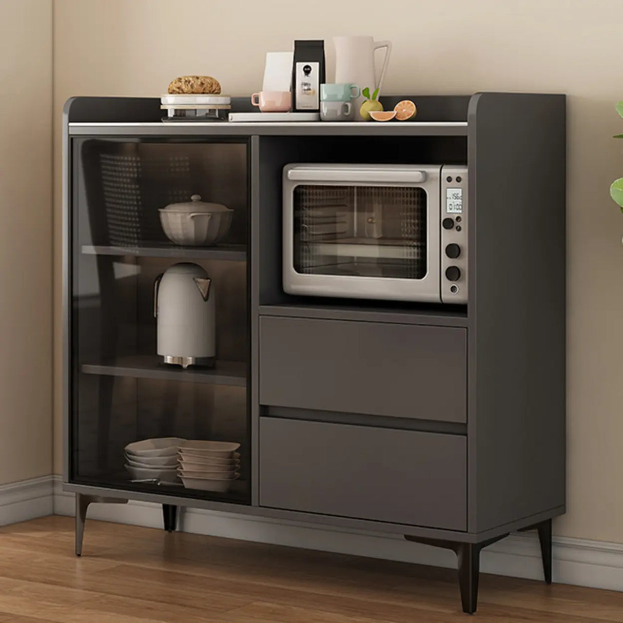 Faux Stone Top White Slab Open Storage Buffet with Drawers Image - 7