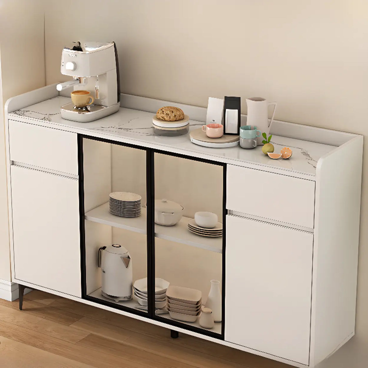 Faux Stone Top White Slab Open Storage Buffet with Drawers Image - 8