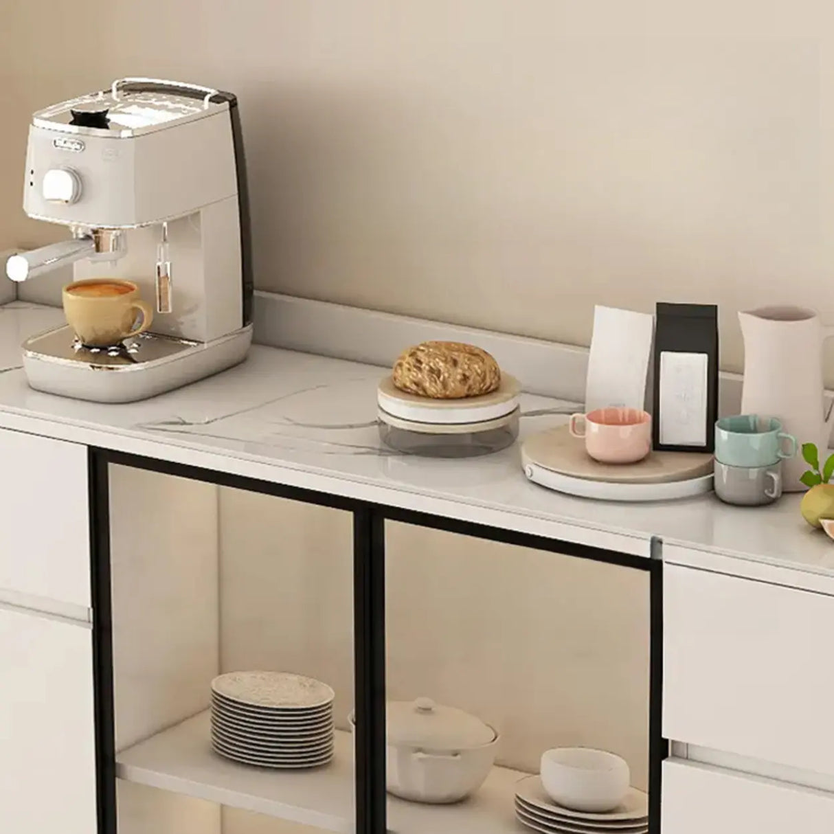 Faux Stone Top White Slab Open Storage Buffet with Drawers Image - 9