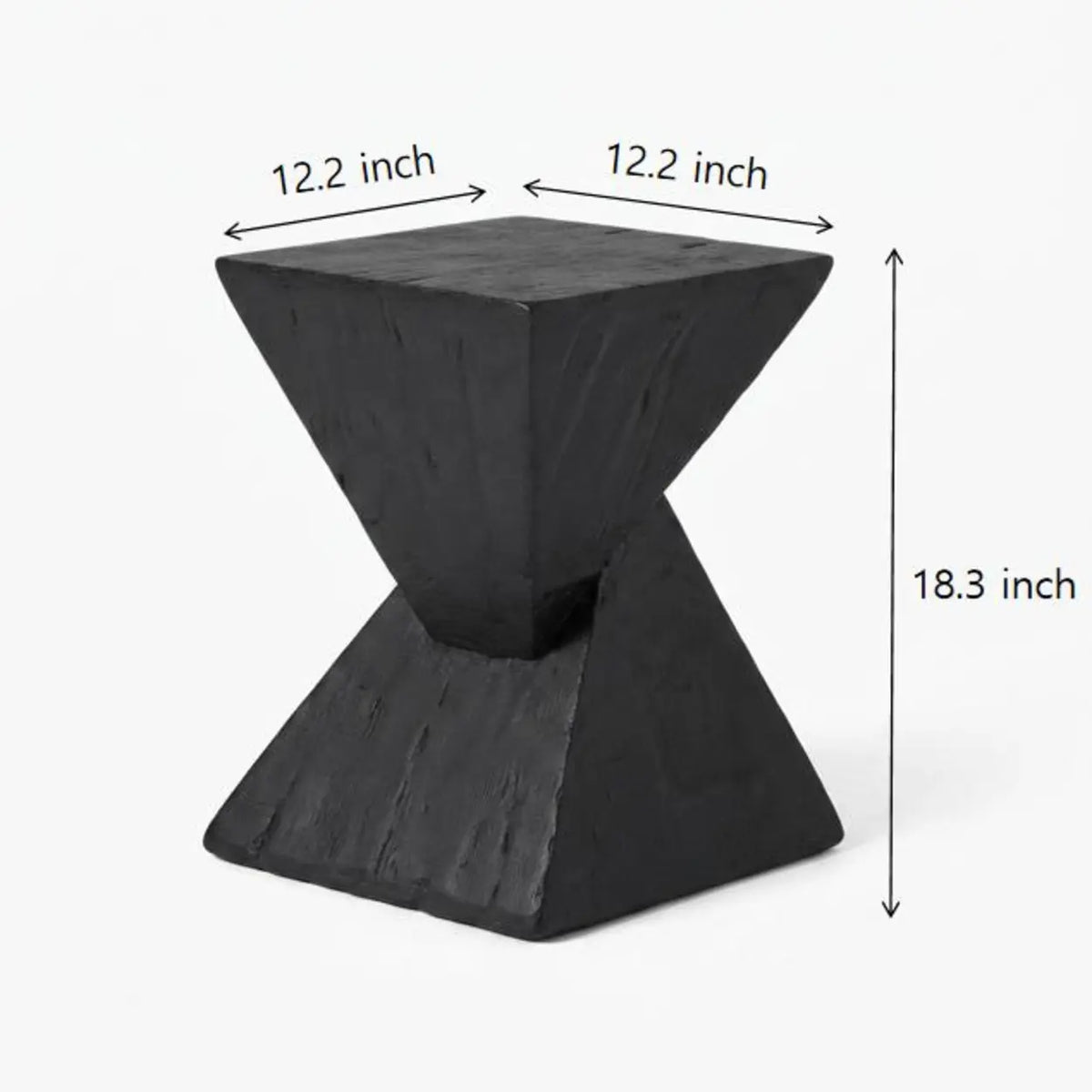 Black faux travertine stone side table dimension diagram showing a 12.2 x 12.2 inch top and 18.3 inch height