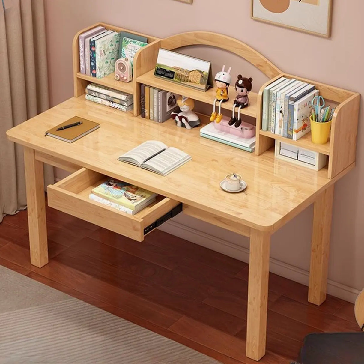Fixed Height Wood Storage Writing Desk with Shelves Image - 4
