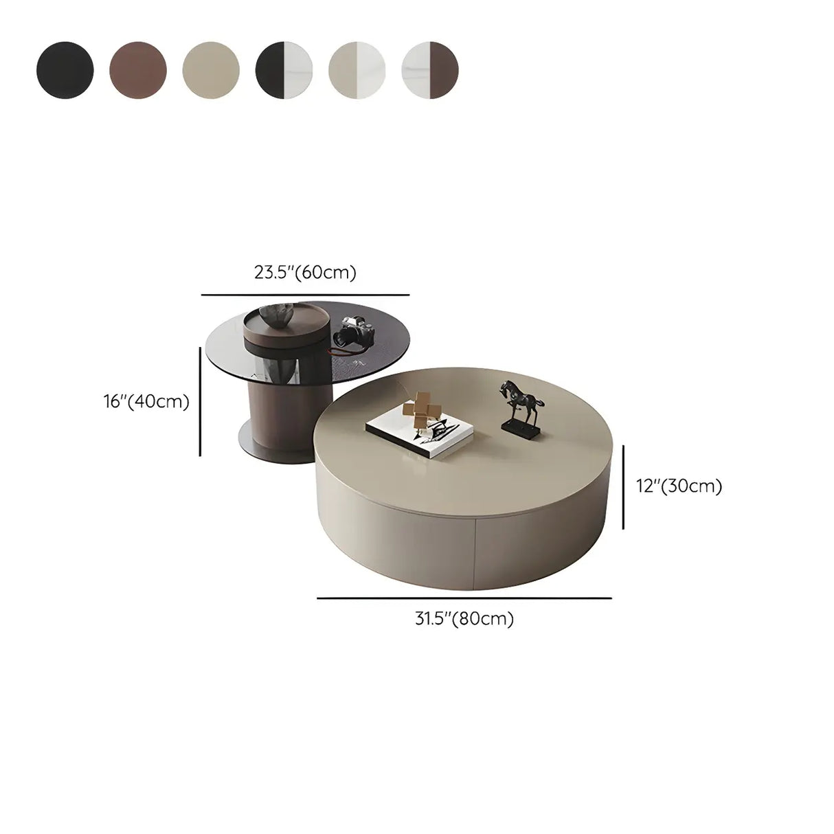 Fixed Oak Wood Round Nesting Coffee Table with Storage