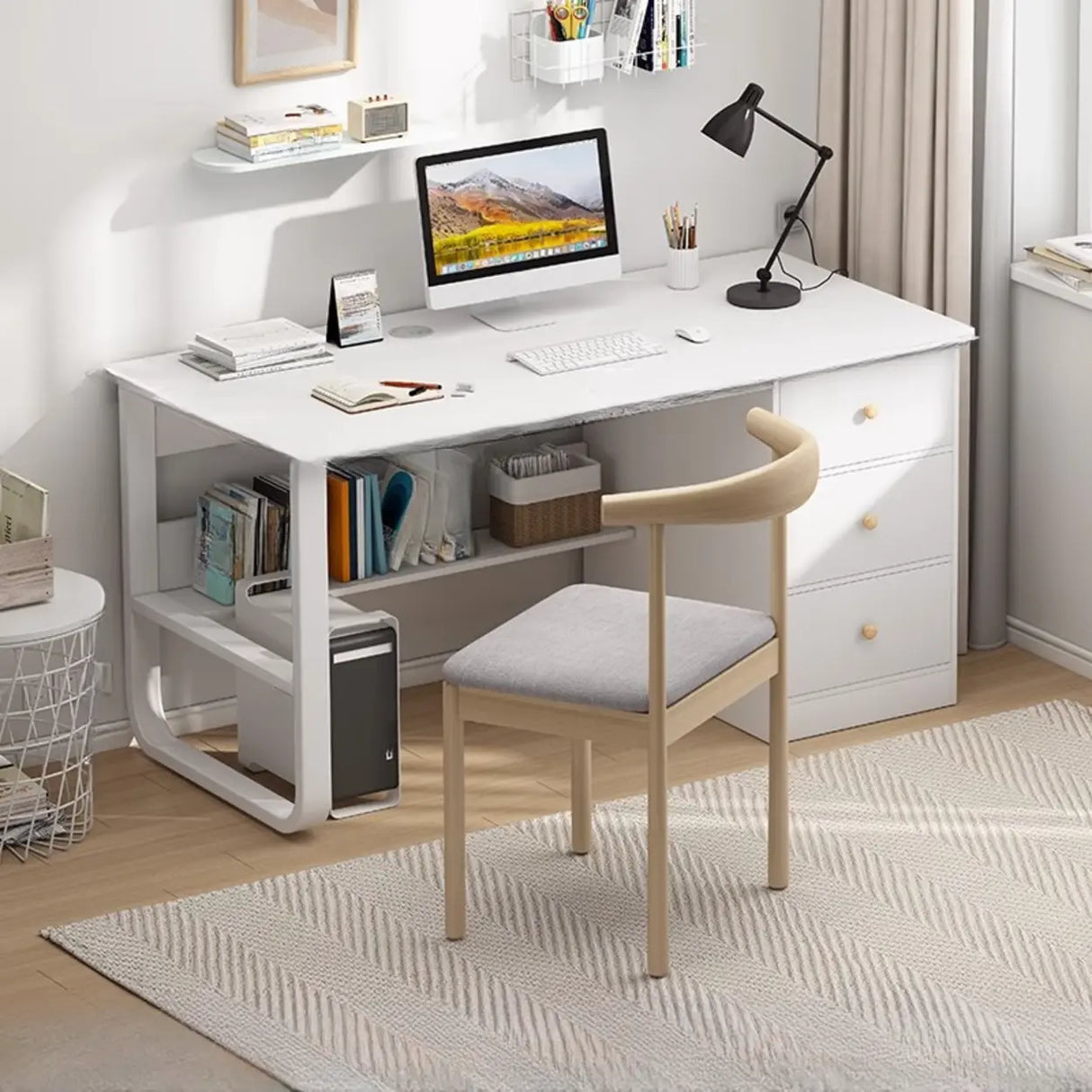 Fixed Wood Top Metal Base Storage Kids Computer Desk Image - 1