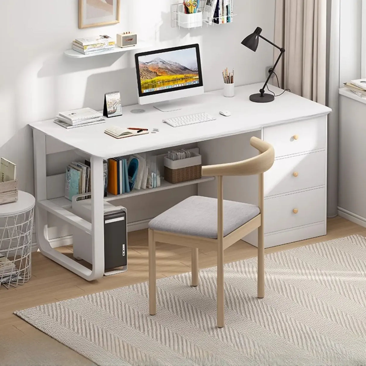 Fixed Wood Top Metal Base Storage Kids Computer Desk Image - 3