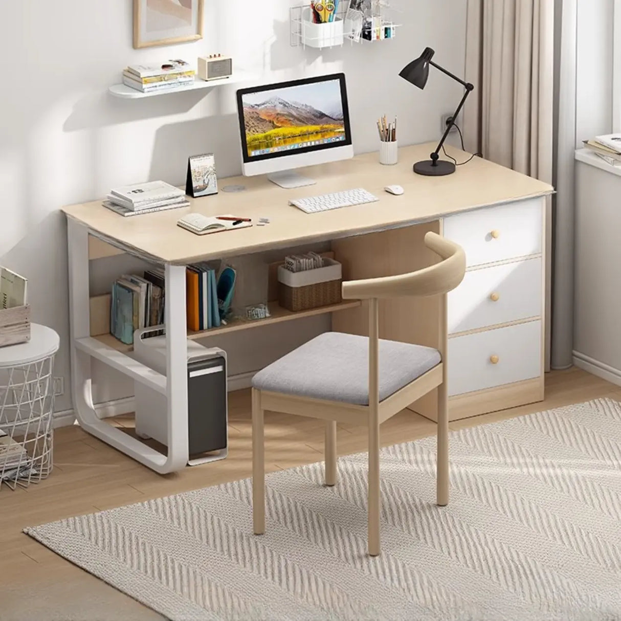 Fixed Wood Top Metal Base Storage Kids Computer Desk Image - 4