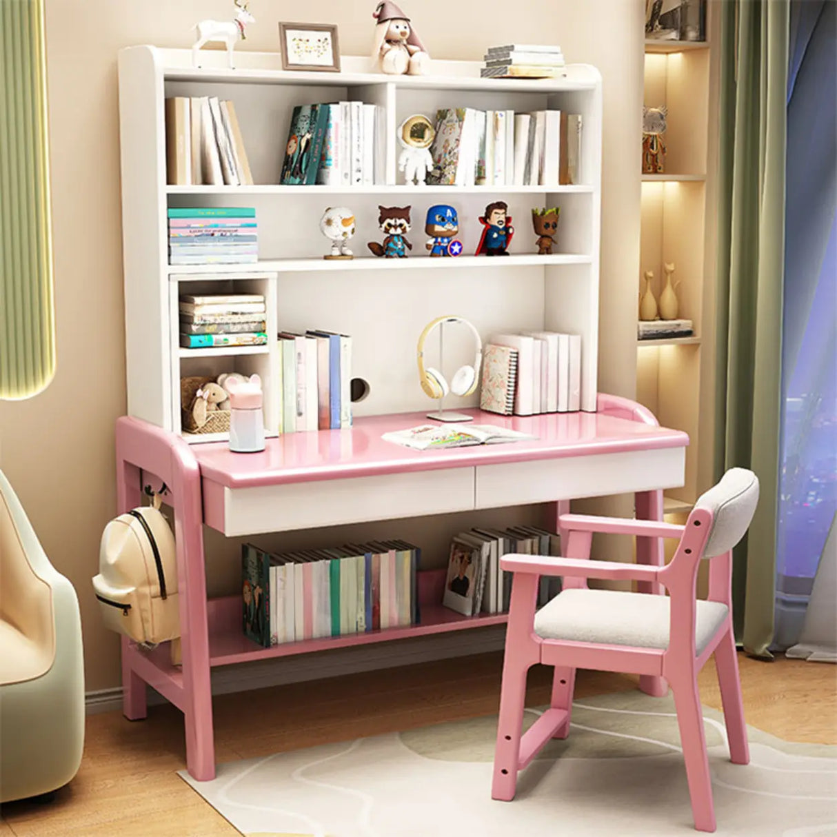 Fixed Wooden Kids Desk with Hutch and Storage Shelves Image - 3