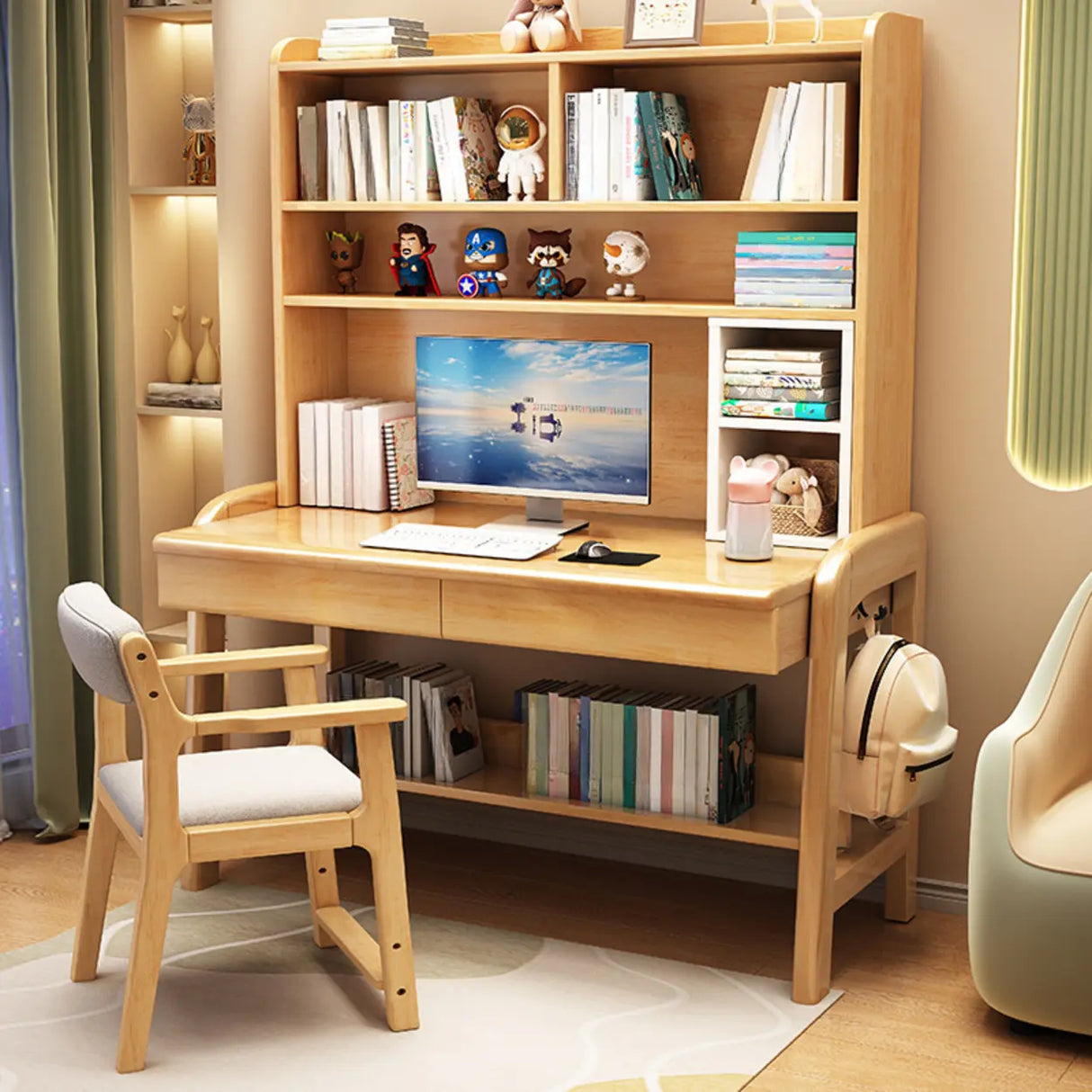 Fixed Wooden Kids Desk with Hutch and Storage Shelves Image - 5