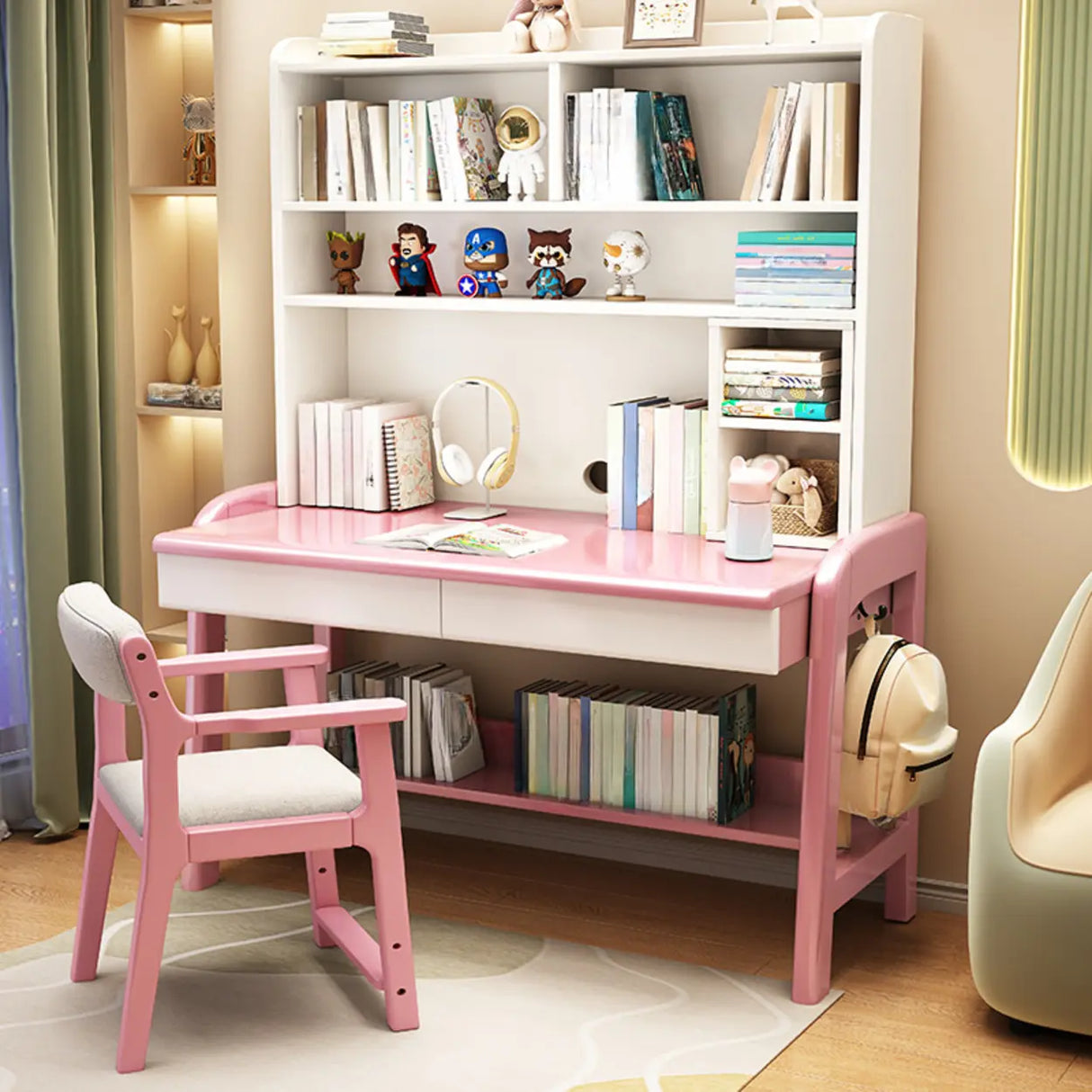Fixed Wooden Kids Desk with Hutch and Storage Shelves Image - 7