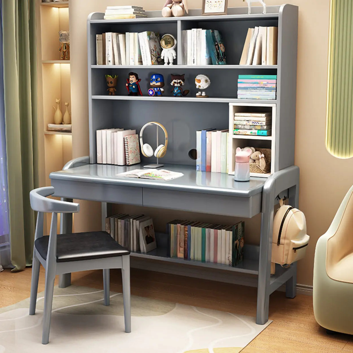 Fixed Wooden Kids Desk with Hutch and Storage Shelves Image - 8