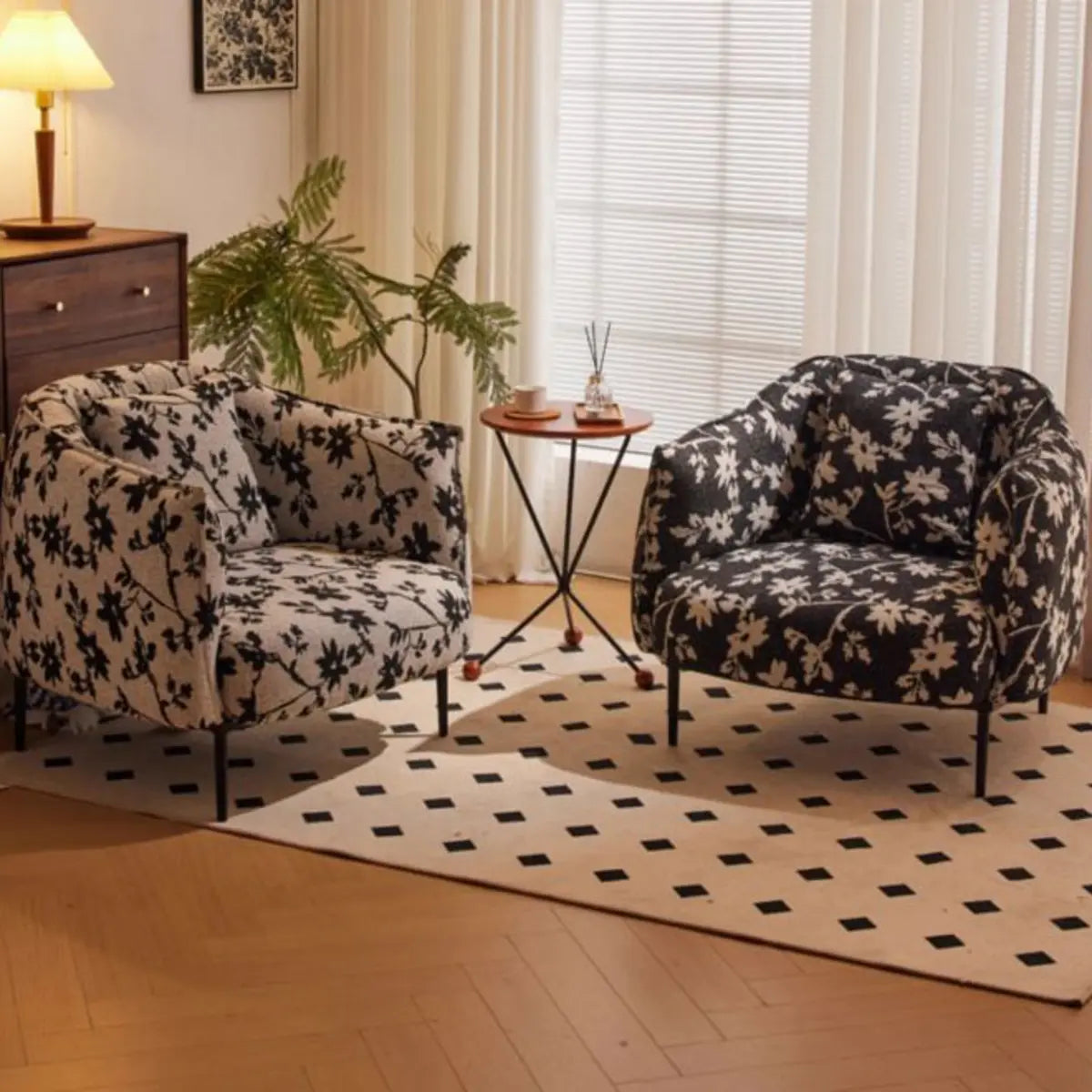 Flannel Fixed Back Floral Pattern Four Legs Arm Chair Image - 1