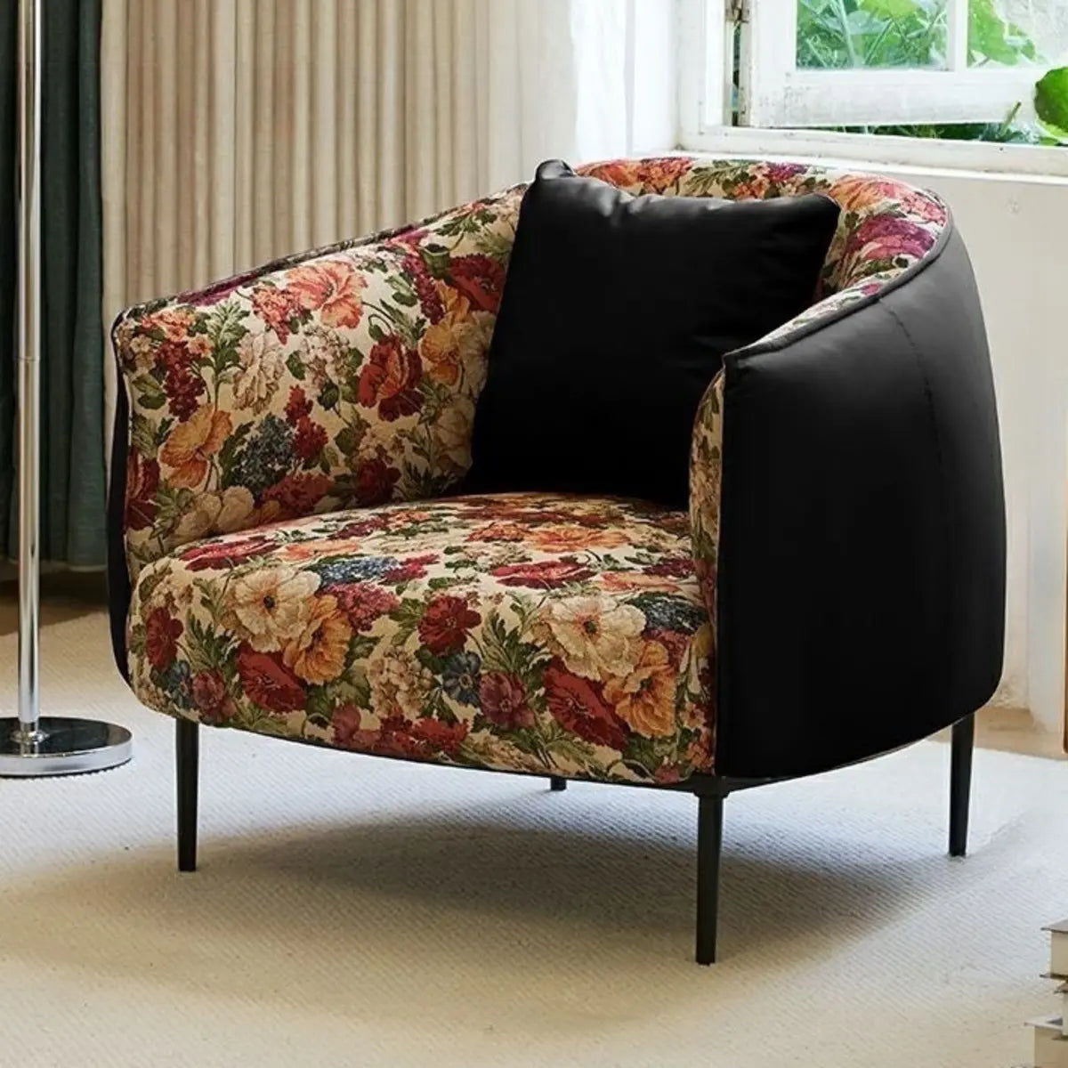 Flannel Fixed Back Floral Pattern Four Legs Arm Chair Image - 11