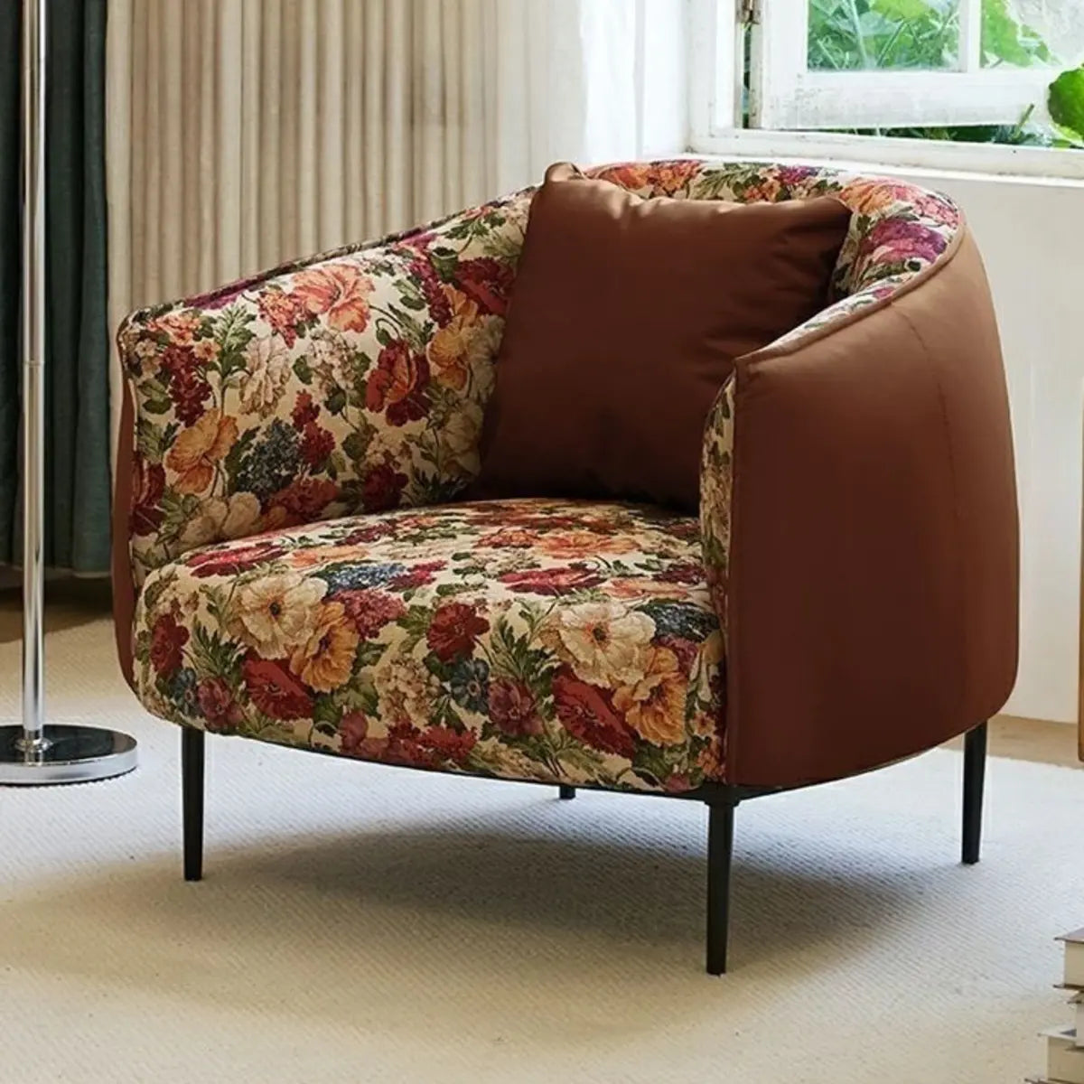 Flannel Fixed Back Floral Pattern Four Legs Arm Chair Image - 13