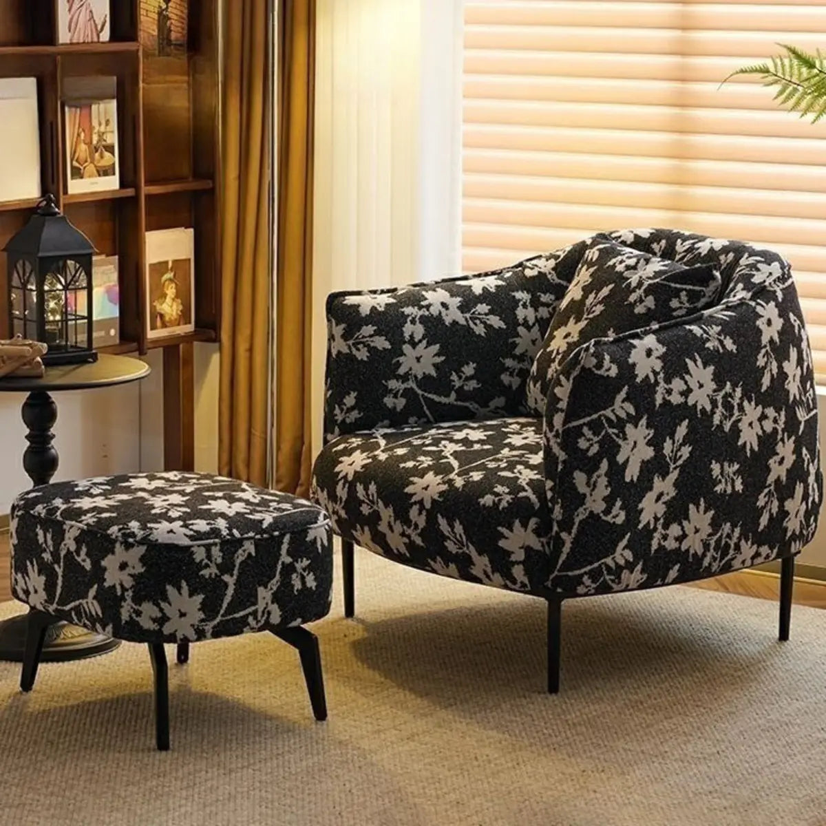 Flannel Fixed Back Floral Pattern Four Legs Arm Chair Image - 16