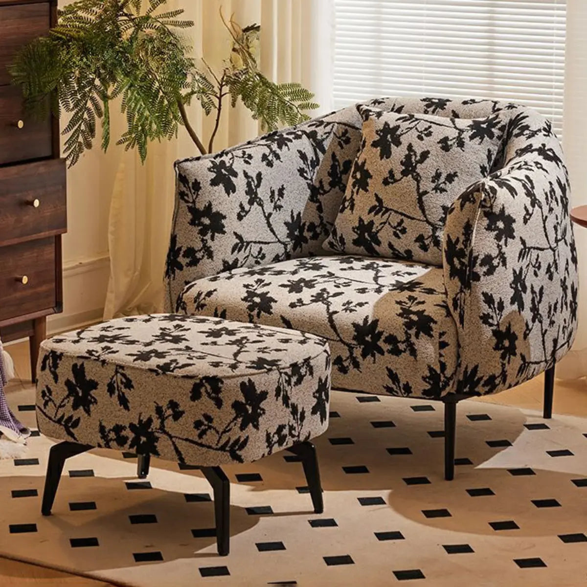 Flannel Fixed Back Floral Pattern Four Legs Arm Chair Image - 17