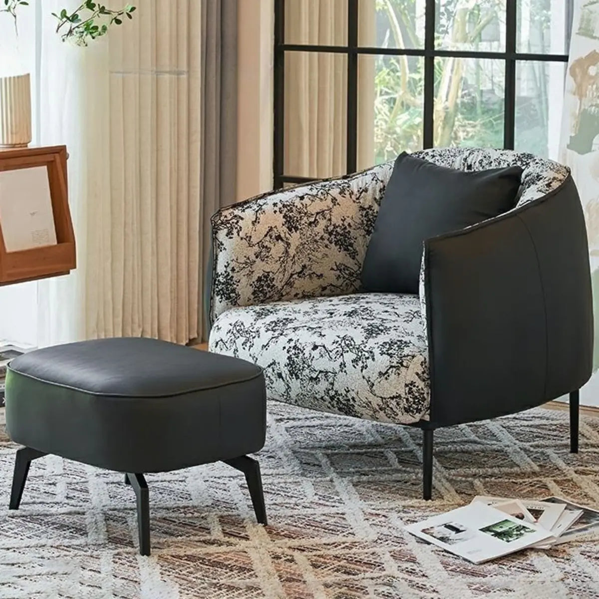 Flannel Fixed Back Floral Pattern Four Legs Arm Chair Image - 18