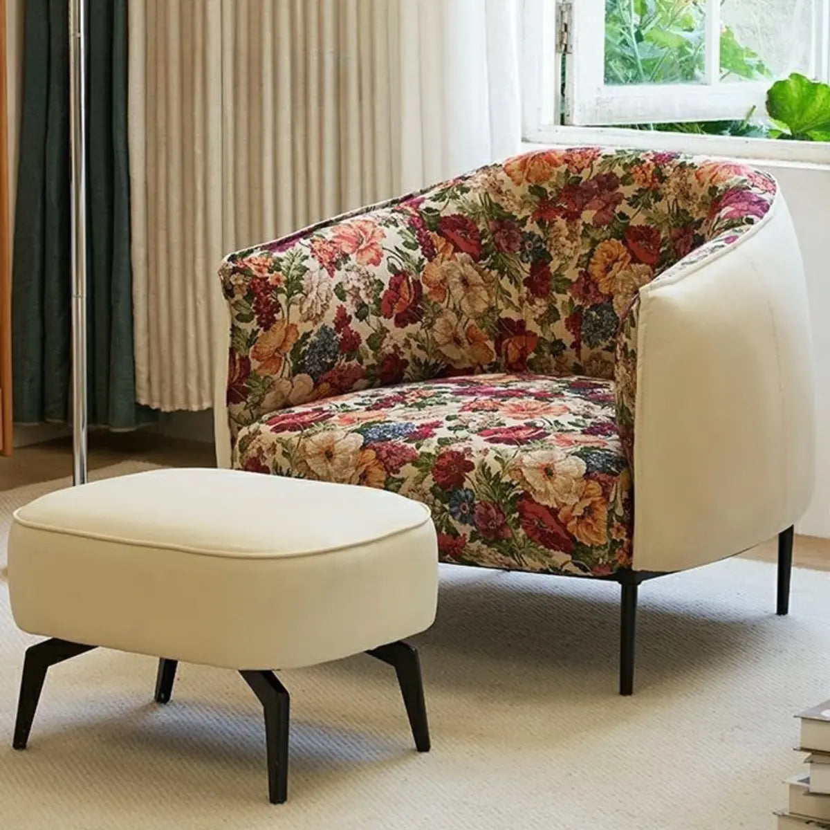 Flannel Fixed Back Floral Pattern Four Legs Arm Chair Image - 19