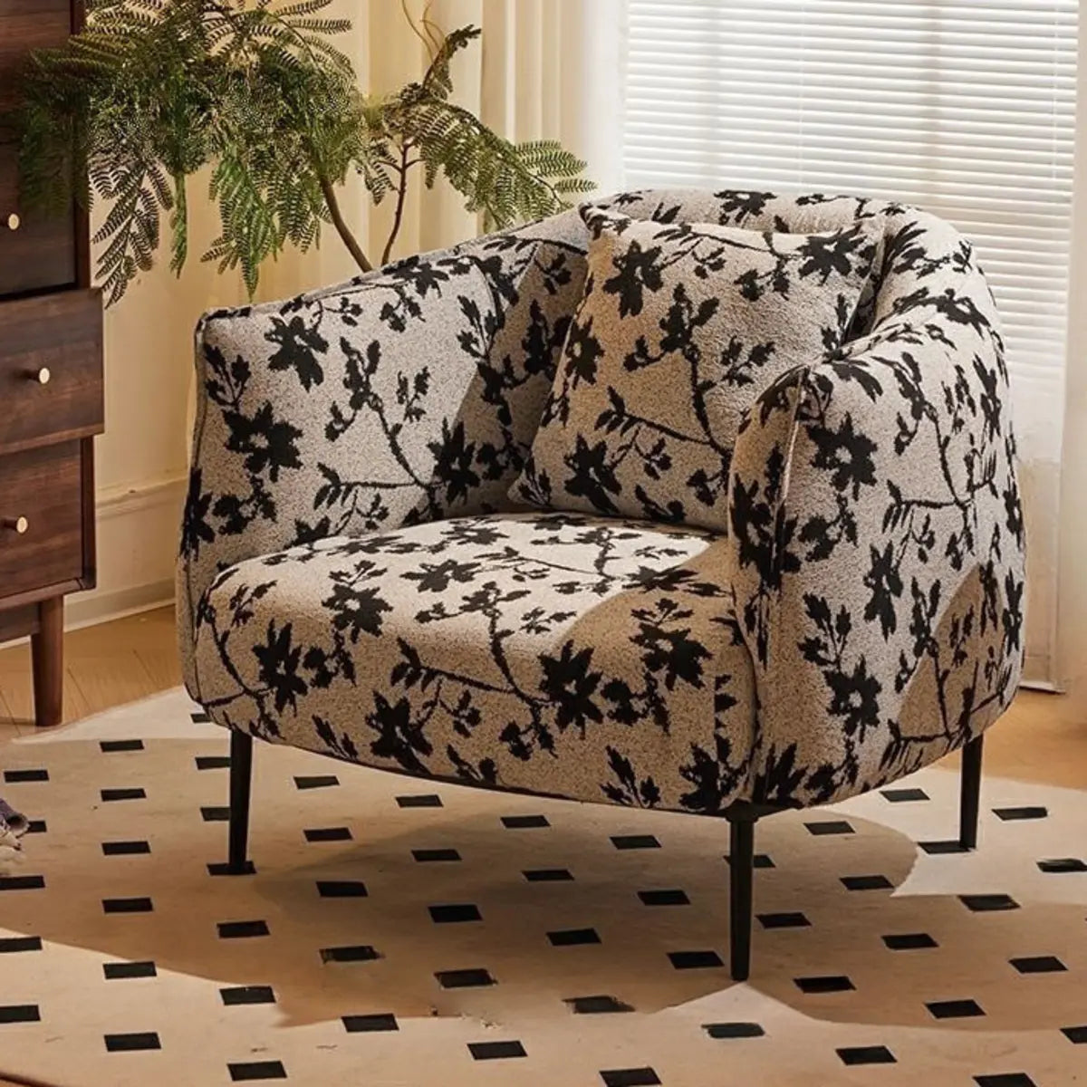 Flannel Fixed Back Floral Pattern Four Legs Arm Chair Image - 2