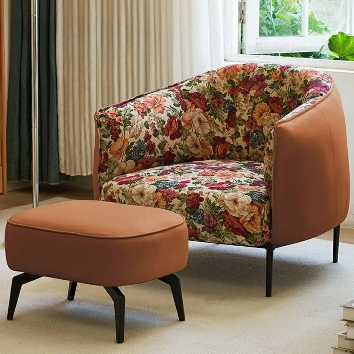 Flannel Fixed Back Floral Pattern Four Legs Arm Chair Image - 20