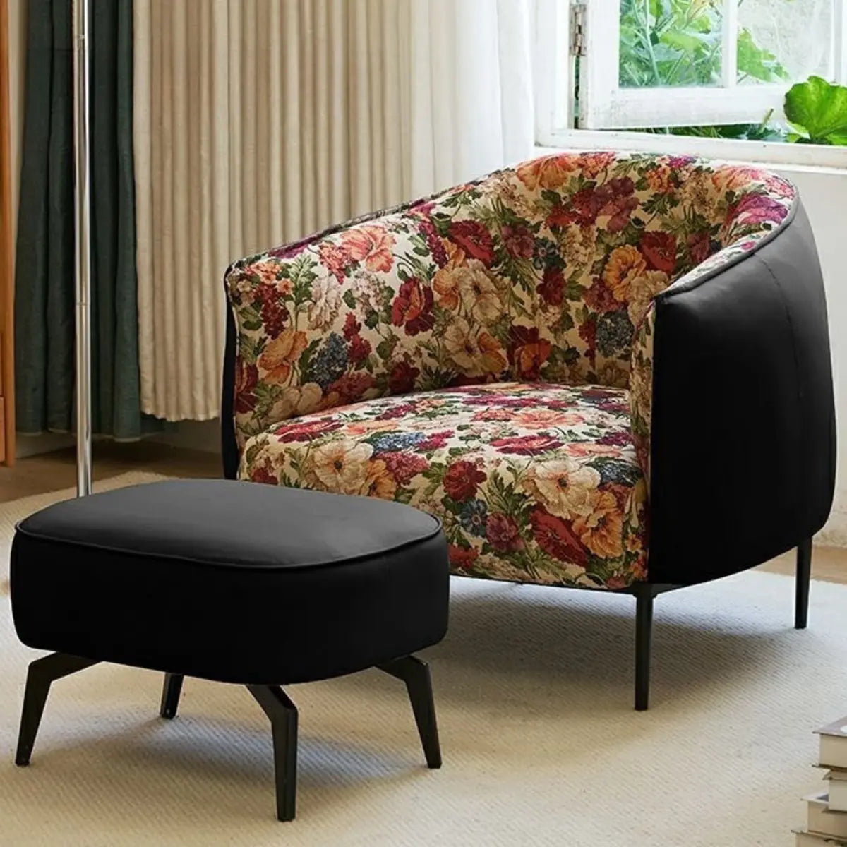 Flannel Fixed Back Floral Pattern Four Legs Arm Chair Image - 21