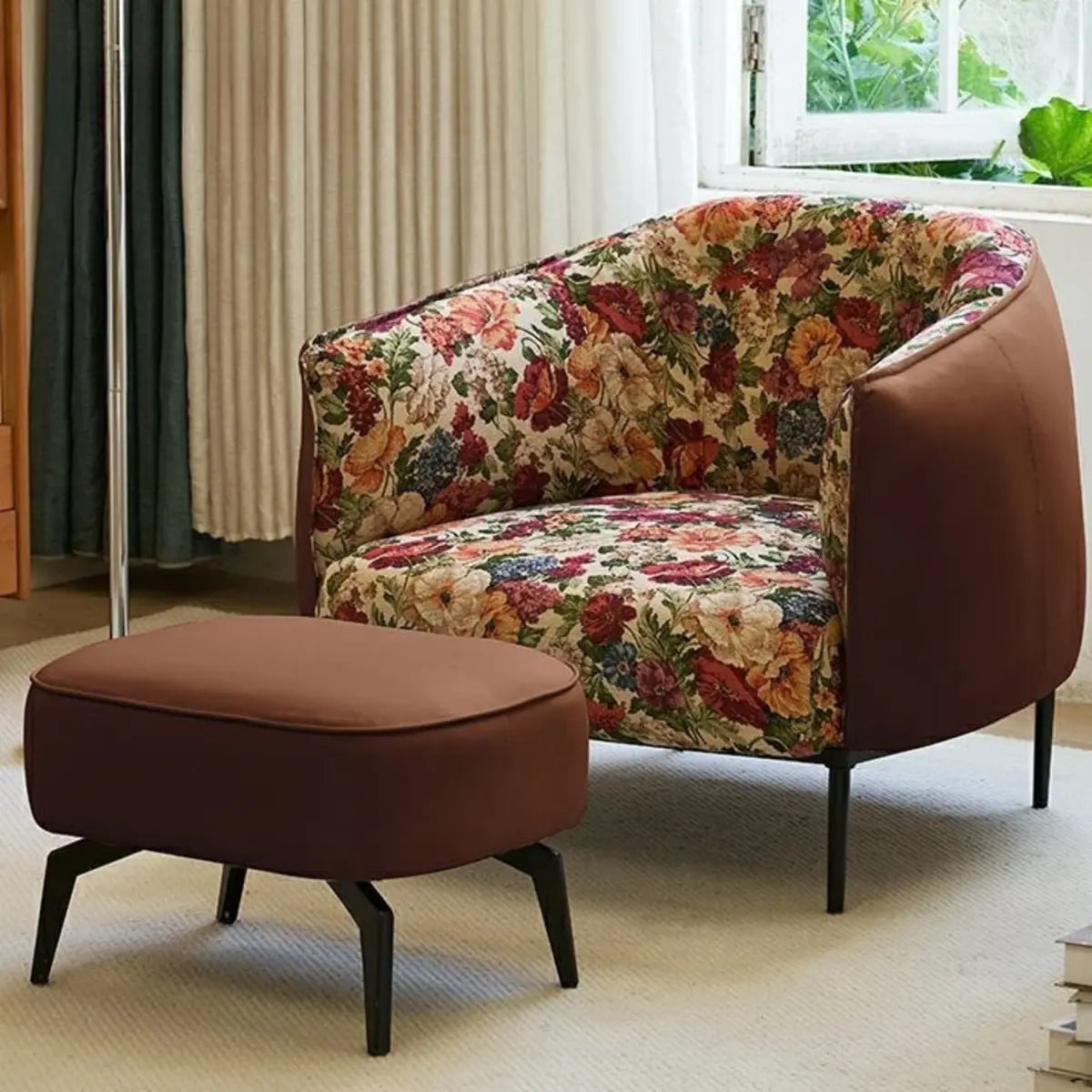 Flannel Fixed Back Floral Pattern Four Legs Arm Chair Image - 22