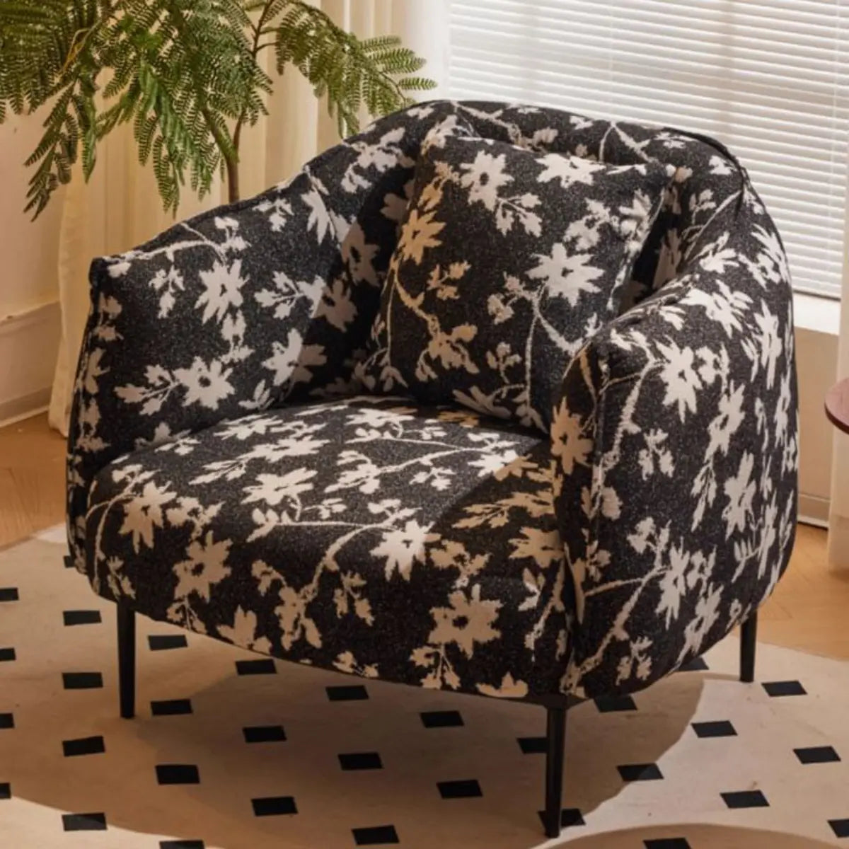 Flannel Fixed Back Floral Pattern Four Legs Arm Chair Image - 3