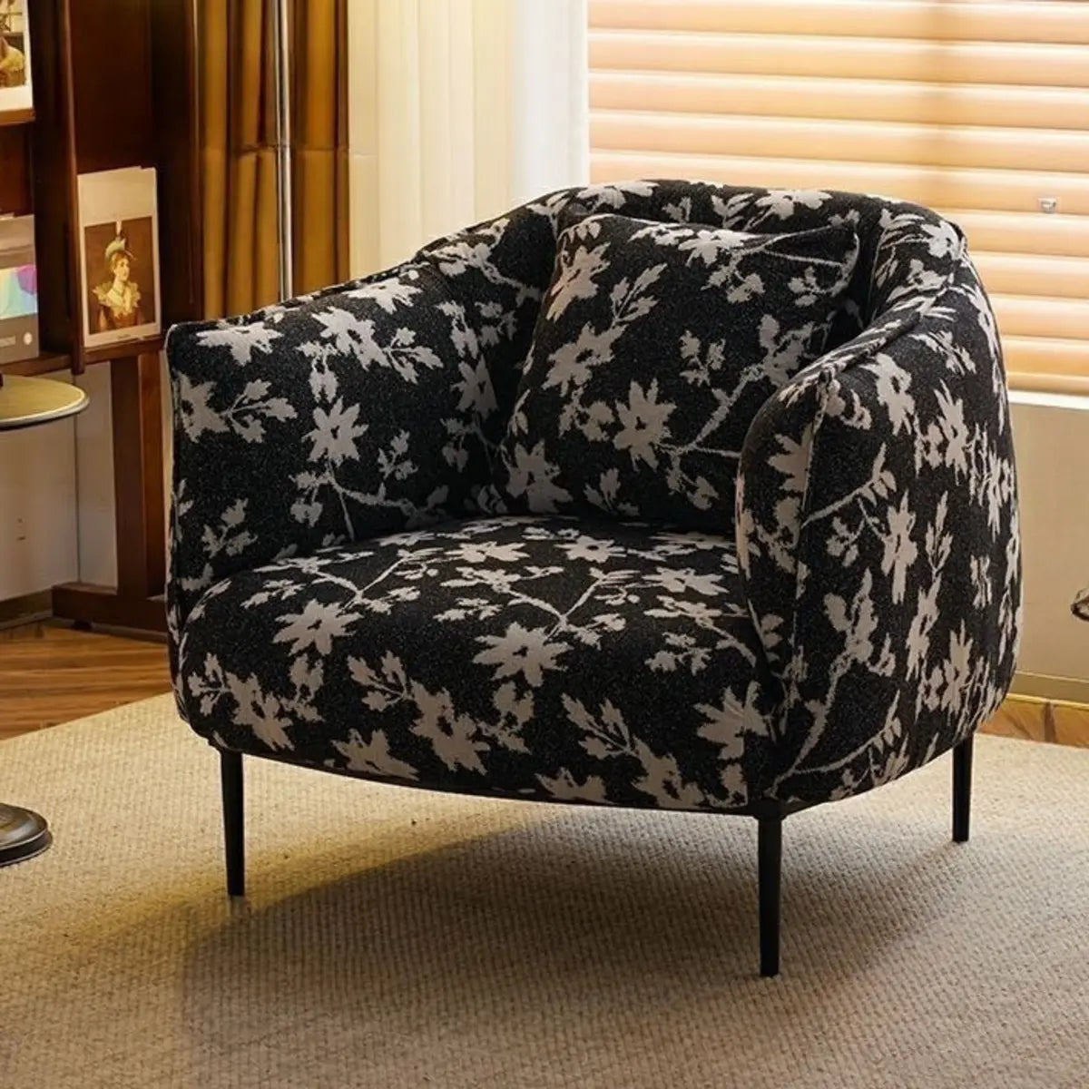 Flannel Fixed Back Floral Pattern Four Legs Arm Chair Image - 4