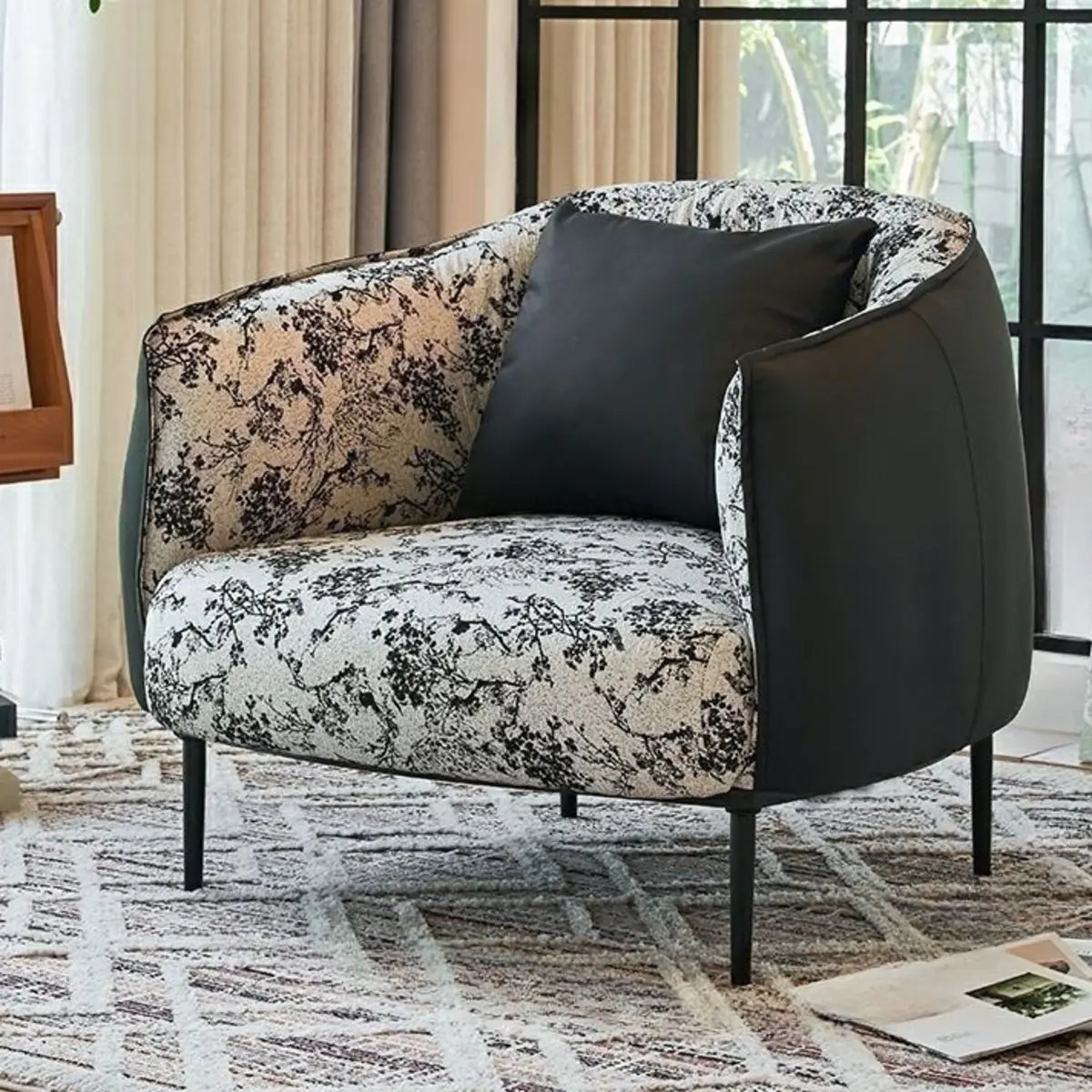 Flannel Fixed Back Floral Pattern Four Legs Arm Chair Image - 5