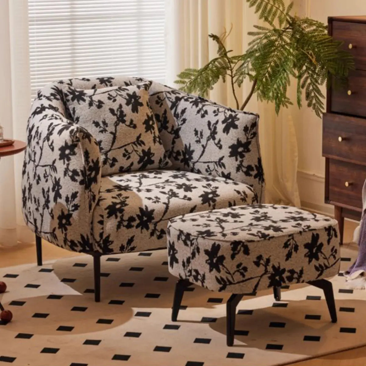 Flannel Fixed Back Floral Pattern Four Legs Arm Chair Image - 6