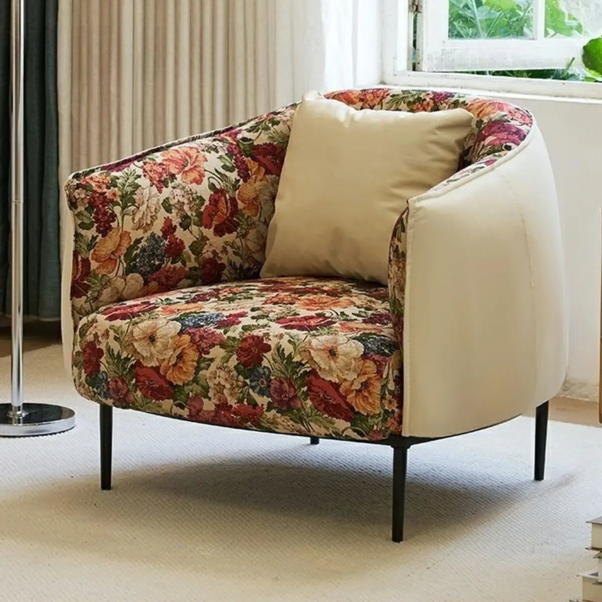 Flannel Fixed Back Floral Pattern Four Legs Arm Chair Image - 7