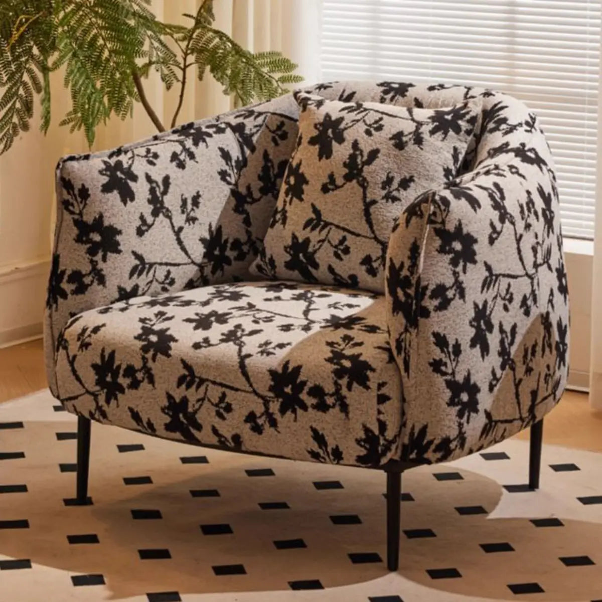 Flannel Fixed Back Floral Pattern Four Legs Arm Chair Image - 8