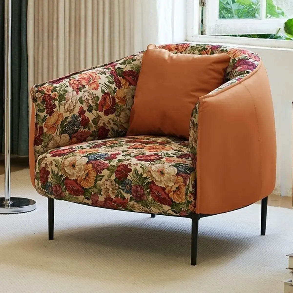 Flannel Fixed Back Floral Pattern Four Legs Arm Chair Image - 9