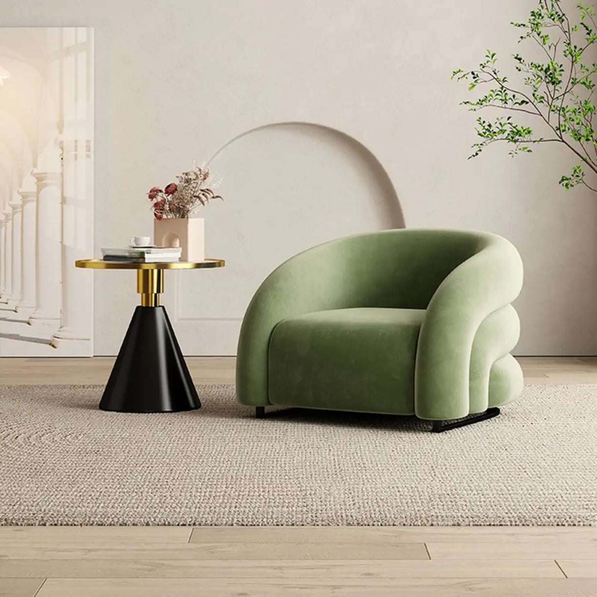 Flannel Sloped Arms Fixed Back Wood Sled Accent Chair Image - 4