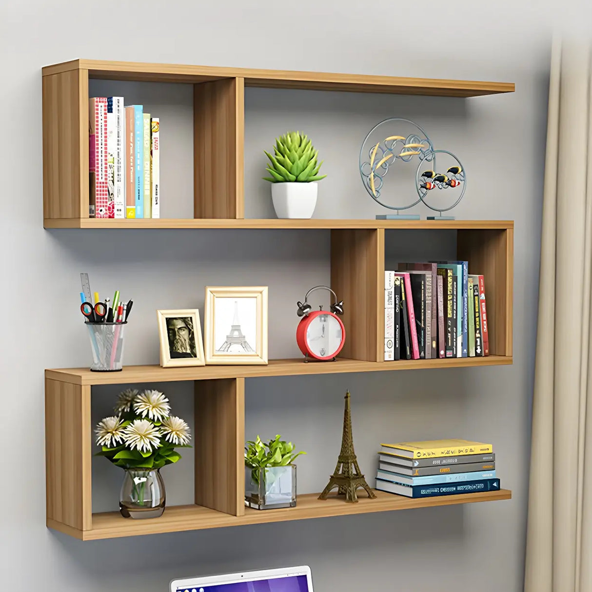 Floating Minimalist Rectangular Wood Storage Bookshelf Image - 11