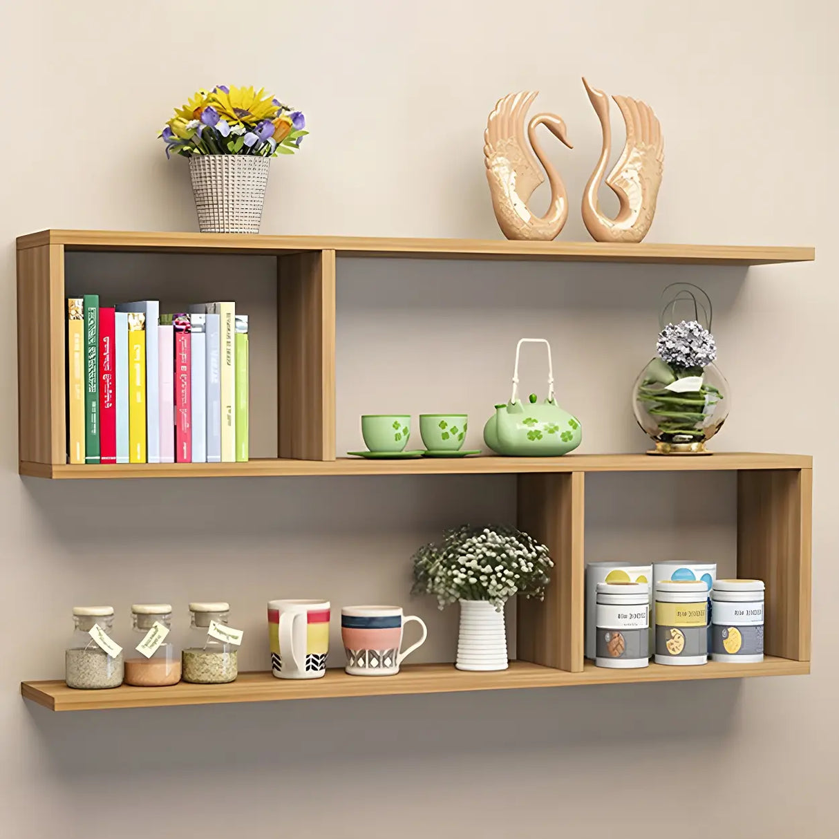 Floating Minimalist Rectangular Wood Storage Bookshelf Image - 12