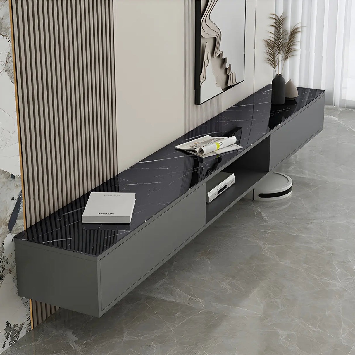 Floating Mount Stone Cabinet Open Storage TV Stand Image - 3
