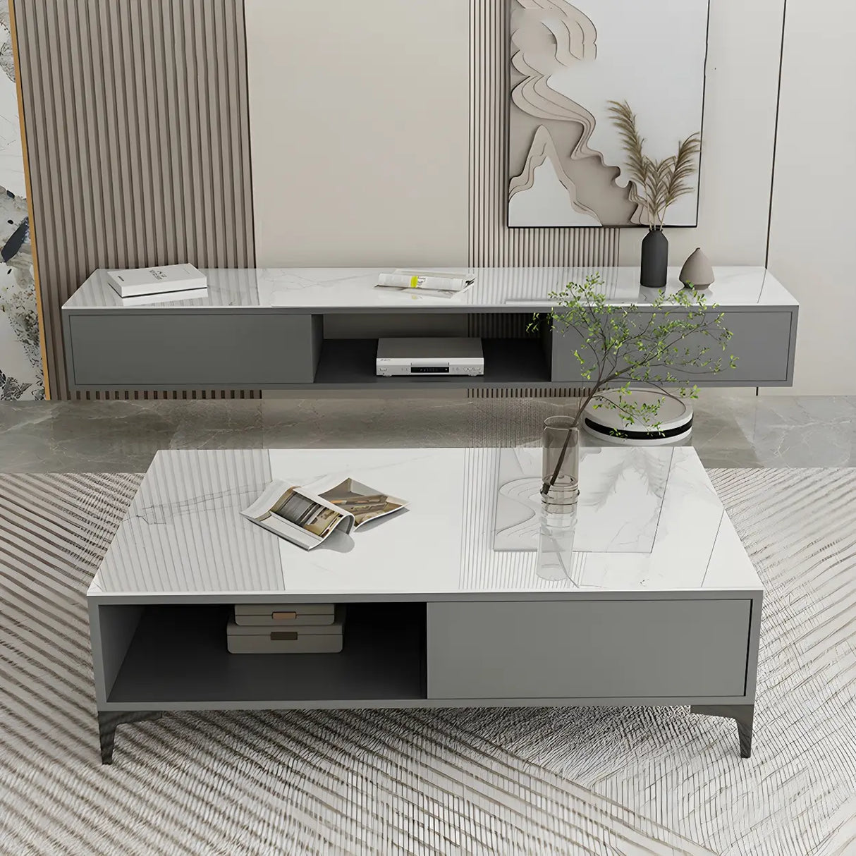 Floating Mount Stone Cabinet Open Storage TV Stand Image - 4