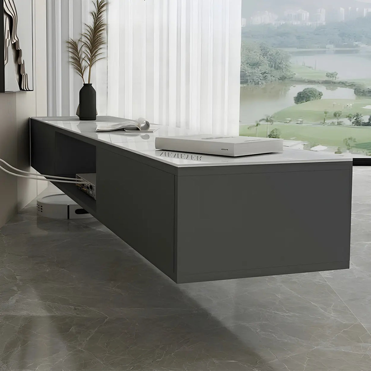 Floating Mount Stone Cabinet Open Storage TV Stand Image - 6