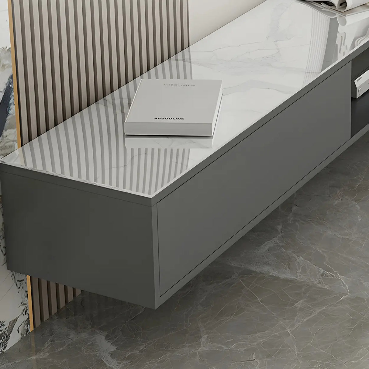Floating Mount Stone Cabinet Open Storage TV Stand Image - 8