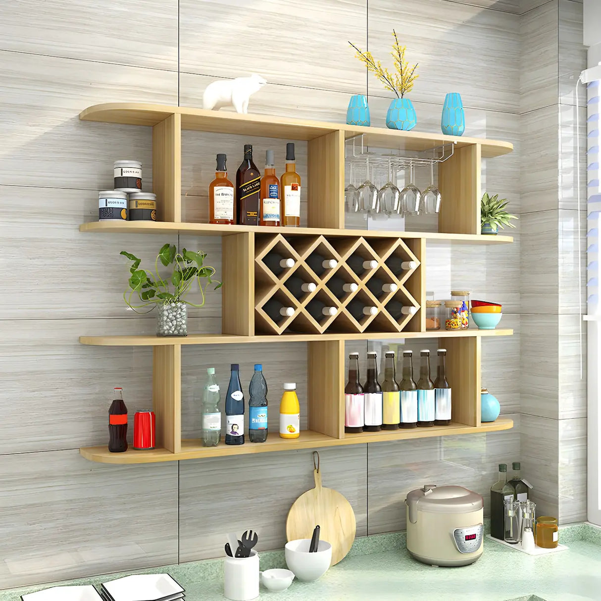 Floating White Wall-Mounted Wood Wine Rack Holder Image - 18