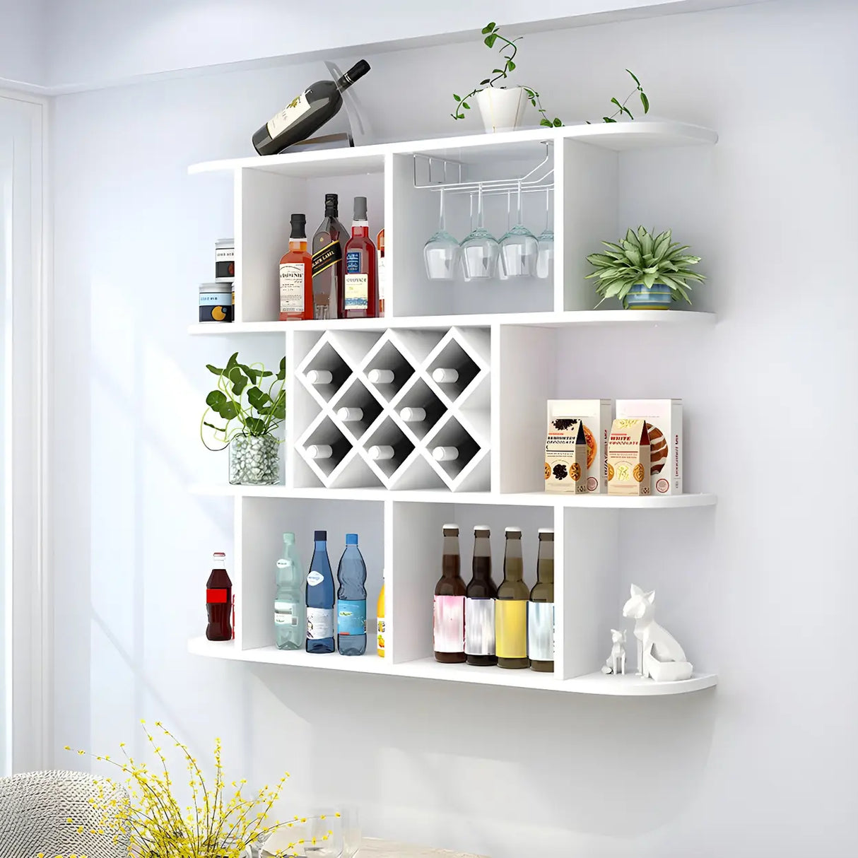 Floating White Wall-Mounted Wood Wine Rack Holder Image - 4