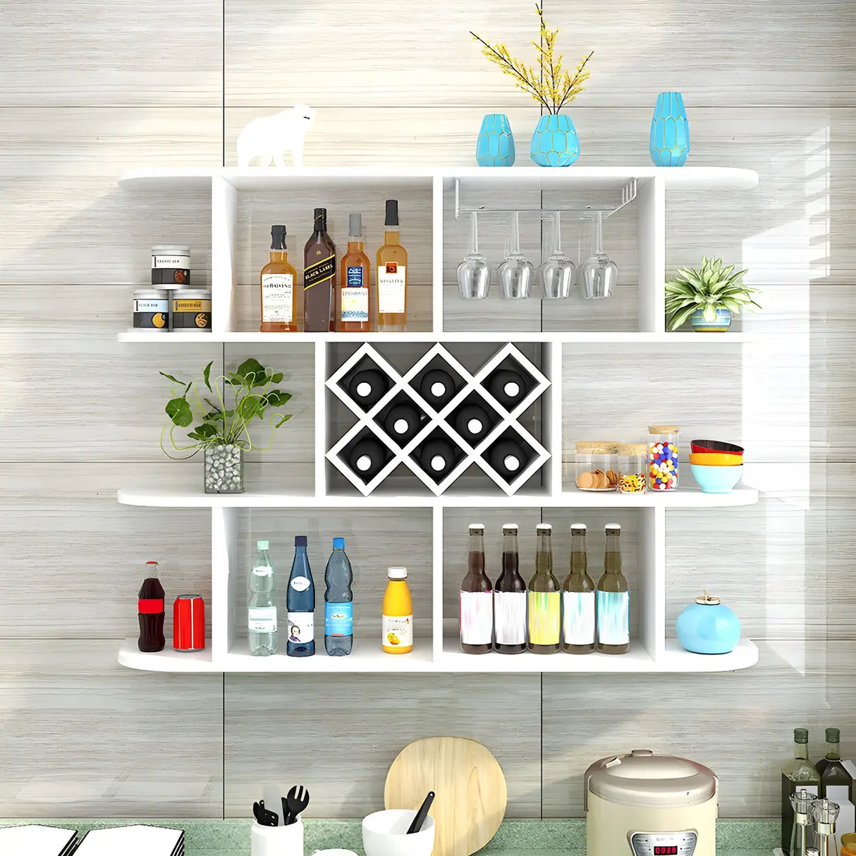 Floating White Wall-Mounted Wood Wine Rack Holder Image - 5