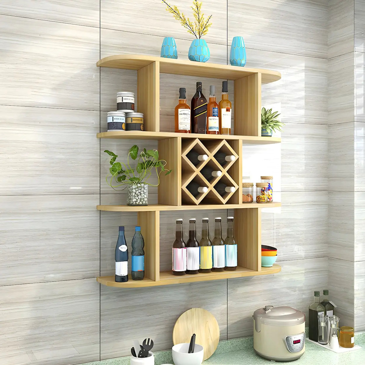 Floating White Wall-Mounted Wood Wine Rack Holder Image - 6