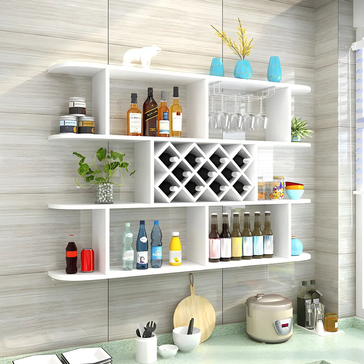 Floating White Wall-Mounted Wood Wine Rack Holder Image - 7